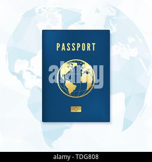 Biometrische blau Passdecke Vorlage. Identität Dokument mit einer Digitalen ID mit globalen Karte für den Hintergrund. Vector Illustration Stock Vektor