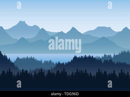 Realistische Darstellung der Landschaft mit Hügeln und Nadelwald unter blauem Himmel. See oder Fluss. Geeignet als Urlaub oder Reisen werben Stock Vektor