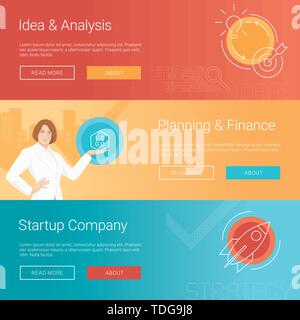 Start Konzept. Idee, Analyse. Planung, Finanzen. Start-up-Unternehmen. Business Woman. Business Hintergründe, Stadt, Rakete, Idee, Ziel. Vektor Lllustrat Stock Vektor