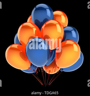 Luftballons Party blau orange farbigen Symbol. Helium ballon Bündel geburtstag Dekoration glänzend, Karneval Hintergrund. 3D-Illustration, isoliert Stockfoto