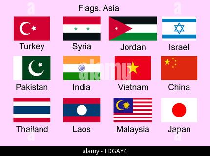 Flaggen der asiatischen Länder. Die Türkei, Pakistan, Syrien, Indien, China, Japan, Laos, Thailand, Israel, und andere. Stock Vektor