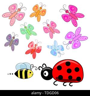 Süße kleine Insekten Elemente einstellen, Sammlung von malvorlagen Vorlage, Gruppe der Umrisse digitalen Elementen Illustration, Kind Spiel Seite. Stock Vektor