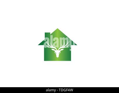 Hirschkopf mit großen Hörnern für Logo Design Illustration, Rentiere in einem Heim, Haus Symbol Stock Vektor
