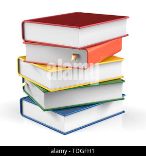 Stapel Bücher von Buch deckt bunte Lehrbuch Lesezeichen. Schule Studium Informationen Inhalt lernen Symbol Konzept. 3D-Render auf weißem Hintergrund Stockfoto