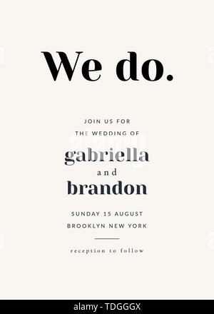 Einfache typografische Stil einladung hochzeit in Schwarz und Creme. Das moderne und stilvolle 5 x 7 Zoll Grußkarte, Datum speichern, Postkarte, Flyer Design. Stock Vektor