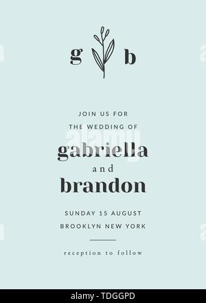 Einfache typografische Stil einladung hochzeit in Pastell blau und grau. Das moderne und stilvolle 5 x 7 Zoll Grußkarte, Datum speichern, Postkarte, Flyer des Stock Vektor