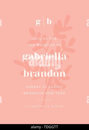 Einfache typografische Stil einladung hochzeit in Pastelltönen Rosa und Weiß mit dekorativem botanischen Silhouette im Hintergrund. Das moderne und stilvolle 5 x 7 Stock Vektor
