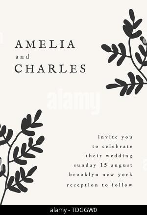 Einfache typografische Stil einladung hochzeit in Creme und Schwarz mit dekorativen botanische Elemente. Das moderne und stilvolle 5 x 7 Zoll Grußkarte, speichern Stock Vektor