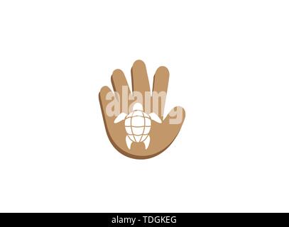Schildkröte mit grüner Schale schwimmen für Logo Design Illustration in eine Hand schützen Symbol Stock Vektor