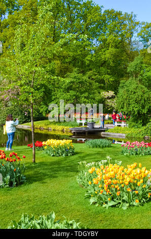 Keukenhof, Lisse, Niederlande - Apr 28 2019: Besucher, die Bilder von wunderbaren Keukenhof Gärten im Frühling. Berühmten niederländischen Tourist Park mit grünen Bäumen und bunten Tulpen. Reisen vor Ort. Stockfoto