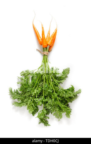 Frische Karotten mit Grün auf weißem Hintergrund. Stockfoto