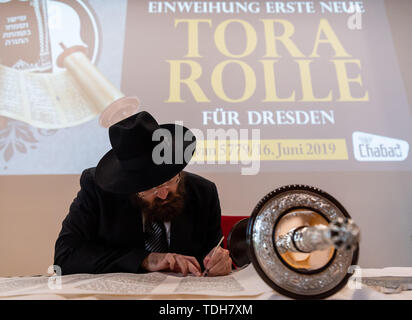 Dresden, Deutschland. 16 Juni, 2019. Elad Cohen, Schreiber des Neuen Tora Rolle für Dresden, schreibt die letzten Buchstaben des unpunctuated hebräischen Text vor der feierlichen Einweihung der Rolle in das Rathaus. Credit: Robert Michael/dpa-Zentralbild/dpa/Alamy leben Nachrichten Stockfoto