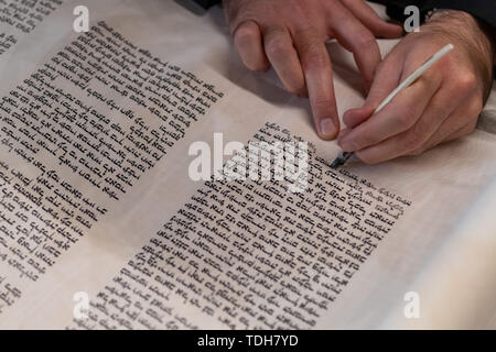 Dresden, Deutschland. 16 Juni, 2019. Elad Cohen, Schreiber des Neuen Tora Rolle für Dresden, schreibt die letzten Buchstaben des unpunctuated hebräischen Text vor der feierlichen Einweihung der Rolle in das Rathaus. Credit: Robert Michael/dpa-Zentralbild/dpa/Alamy leben Nachrichten Stockfoto