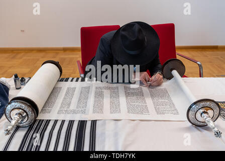 Dresden, Deutschland. 16 Juni, 2019. Elad Cohen, Schreiber des Neuen Tora Rolle für Dresden, schreibt die letzten Buchstaben des unpunctuated hebräischen Text vor der feierlichen Einweihung der Rolle in das Rathaus. Credit: Robert Michael/dpa-Zentralbild/dpa/Alamy leben Nachrichten Stockfoto