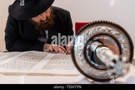 Dresden, Deutschland. 16 Juni, 2019. Elad Cohen, Schreiber des Neuen Tora Rolle für Dresden, schreibt die letzten Buchstaben des unpunctuated hebräischen Text vor der feierlichen Einweihung der Rolle in das Rathaus. Credit: Robert Michael/dpa-Zentralbild/dpa/Alamy leben Nachrichten Stockfoto