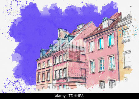 Aquarell Skizze oder Abbildung eines schöne Aussicht auf Europäischen alten Wohnhäuser Stockfoto