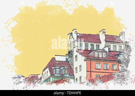 Aquarell Skizze oder Abbildung eines schöne Aussicht auf Europäischen alten Wohnhäuser Stockfoto
