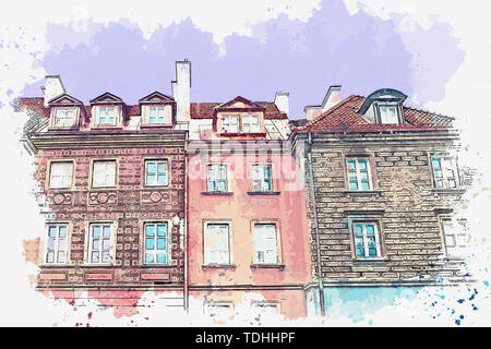 Aquarell Skizze oder Abbildung eines schöne Aussicht auf Europäischen alten Wohnhäuser Stockfoto