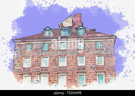 Aquarell Skizze oder Abbildung: einen schönen Blick auf eine Europäische alte Gebäude. Stockfoto