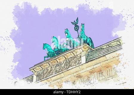 Aquarell Skizze oder Abbildung: Ein schöner Blick auf das Brandenburger Tor in Berlin in Deutschland. Stockfoto