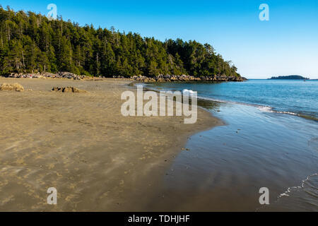 Long Beach Tofino, Vancouver Island, Kanada, Schuß am späten Nachmittag mit einem strahlend blauen Himmel, ein paar Leute in der Ferne Stockfoto