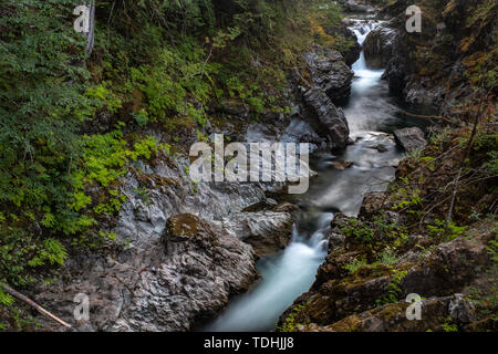 Eine Landschaft Aspekt von Qualicum Fluß rauscht durch die enge Schlucht im Little Qualicum Provincial Park, Vancouver Island, Kanada erstellen kleine Wate Stockfoto