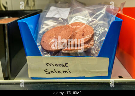 Elch Salami für Verkauf in bidgood's Supermarkt, Neufundland - eine lokale Spezialität. Stockfoto