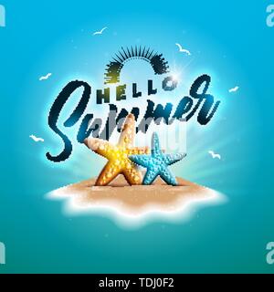 Genießen Sie den Sommer Urlaub Abbildung mit Typografie Brief und Sonnenbrille auf dunkelblauem Hintergrund. Vektor Design mit Seesternen und Beach Ball auf Stock Vektor