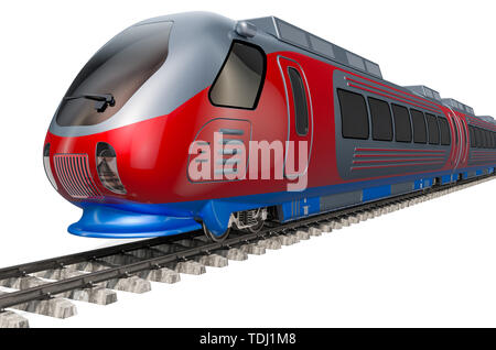 Moderne high speed Zug auf den Gleisen. 3D-Rendering auf weißem Hintergrund Stockfoto