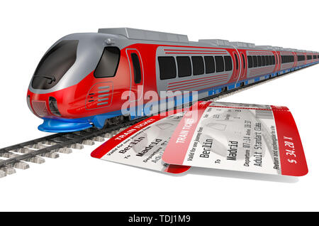 Hochgeschwindigkeitszug mit Tickets. Travel Concept, 3D-Rendering auf weißem Hintergrund Stockfoto