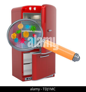 Kühlschrank mit Viren und Bakterien unter der Lupe. 3D-Rendering Stockfoto