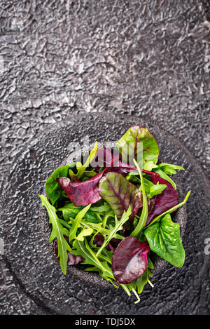 Mischung aus grünem Salat Blätter auf schwarzen Hintergrund. Ansicht von oben Stockfoto