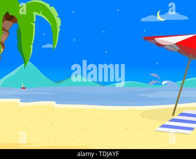 Sommer Strand Hintergrund zu erhalten, auf Nacht, Zeit der exotischen Landschaft Meer nachts Resort Küste Meereslandschaft mit Palme, Delphine, Segelschiff und Sandy S Stock Vektor