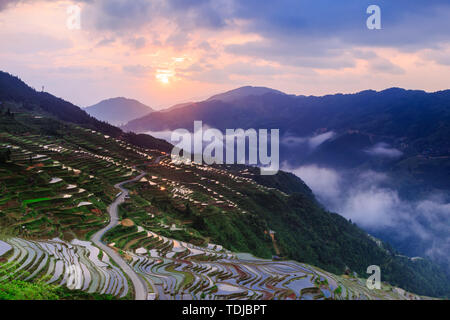 Gapang Township, Congjiang County, Miao Dong Autonomen Präfektur, südöstliche Provinz Guizhou, Cascading Terrassen zwischen Bergen und Sonnenaufgang Wolken Stockfoto