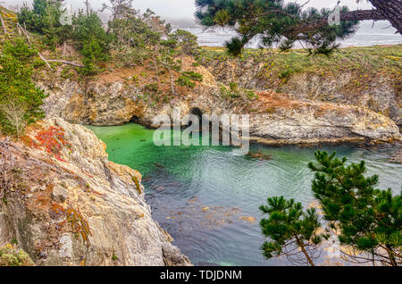 Grüne und Blaue Wasser erfüllen die Küstenlinie von Täuschungen bildet eine natürliche Bucht mit Algen im Wasser und einheimischen Pflanzen auf den Hügeln Stockfoto