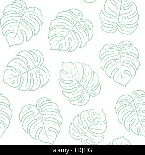 Monstera Blatt nahtlose Muster, Licht umriss Grün auf weißem Hintergrund. Einfache Hand gezeichnet exotischen Pflanze Blätter. Tropischer Sommer Textur Vektor illustr Stock Vektor