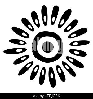 Stilisierte Sonne. Ethnische Symbol. Tribal Muster. Splash Silhouette. Ink Blot. Abstract vector monochromen Abbildung auf weißem Hintergrund. Stock Vektor