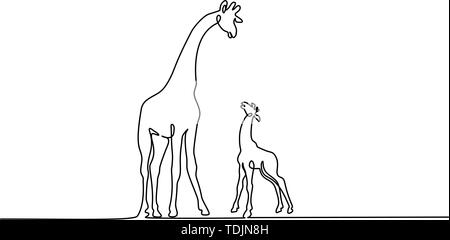 Kontinuierliche eine Linie zeichnen. Giraffe mit Baby. Vector Illustration Stock Vektor