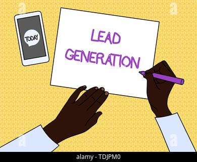 Handschrift text Lead Generation. Konzeptionelle foto Einleitung das Interesse der Verbraucher oder Anfrage in Produkte Top View Mann Schreiben leeres Papier Stift Penci Stockfoto