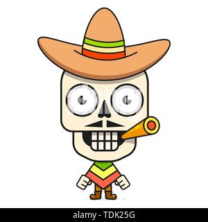 Cartoon mexikanischen Sugar Skull Vector Illustration für Dia de Los Muertos. Süße männliche Schädel mit Schnurrbart und Sombrero Hut. Stock Vektor