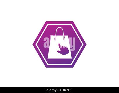 Tasche für Shop mit klicken Sie auf Hand Logo Design Illustration, on-line-Markt Symbol in eine Form Stock Vektor