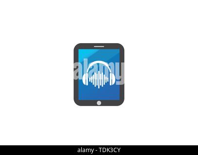 Kopfhörer mit Musik Beats, Headset Logo Design Illustration in einem Tablet Form pad Symbol Stock Vektor