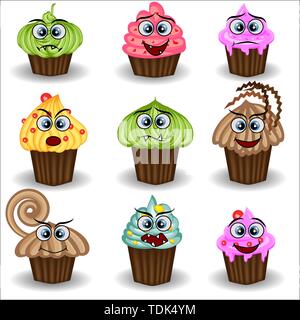 Süß und bunt kawaii Stil muffin emoticons Sammlung unterschiedliche Emotionen, Gefühle zum Ausdruck zu bringen. Stock Vektor