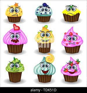 Süß und bunt kawaii Stil muffin emoticons Sammlung unterschiedliche Emotionen, Gefühle zum Ausdruck zu bringen. Stock Vektor