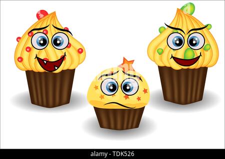 Süß und bunt kawaii Stil muffin emoticons Sammlung unterschiedliche Emotionen, Gefühle zum Ausdruck zu bringen. Stock Vektor