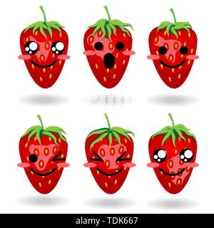 Satz von sechs Erdbeeren mit verschiedene Gesichter, Emotionen. Stock Vektor