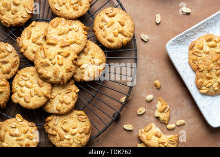 Knackige Erdnuss cookies auf einem Gitter und einem dienenden Teller. Stockfoto