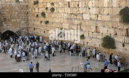 Hohen Winkel weiten Blick auf die jüdische Männer beten und beten an der Klagemauer in Jerusalem, Israel Stockfoto