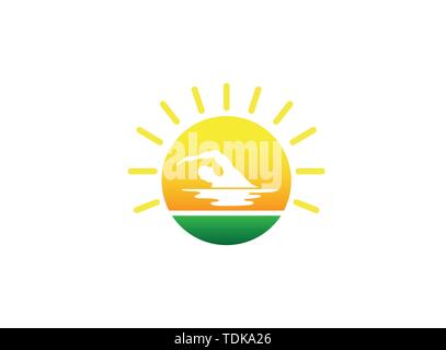 Schwimmen Sportler im Pool Triathlon für Logo Design Illustration in Form einer Sonne Sonnenuntergang Symbol Stock Vektor