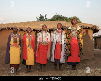 Weite Einstellung auf eine Gruppe von Massai Frauen singen in enkereri Dorf in der Nähe von Masai Mara, Kenia Stockfoto